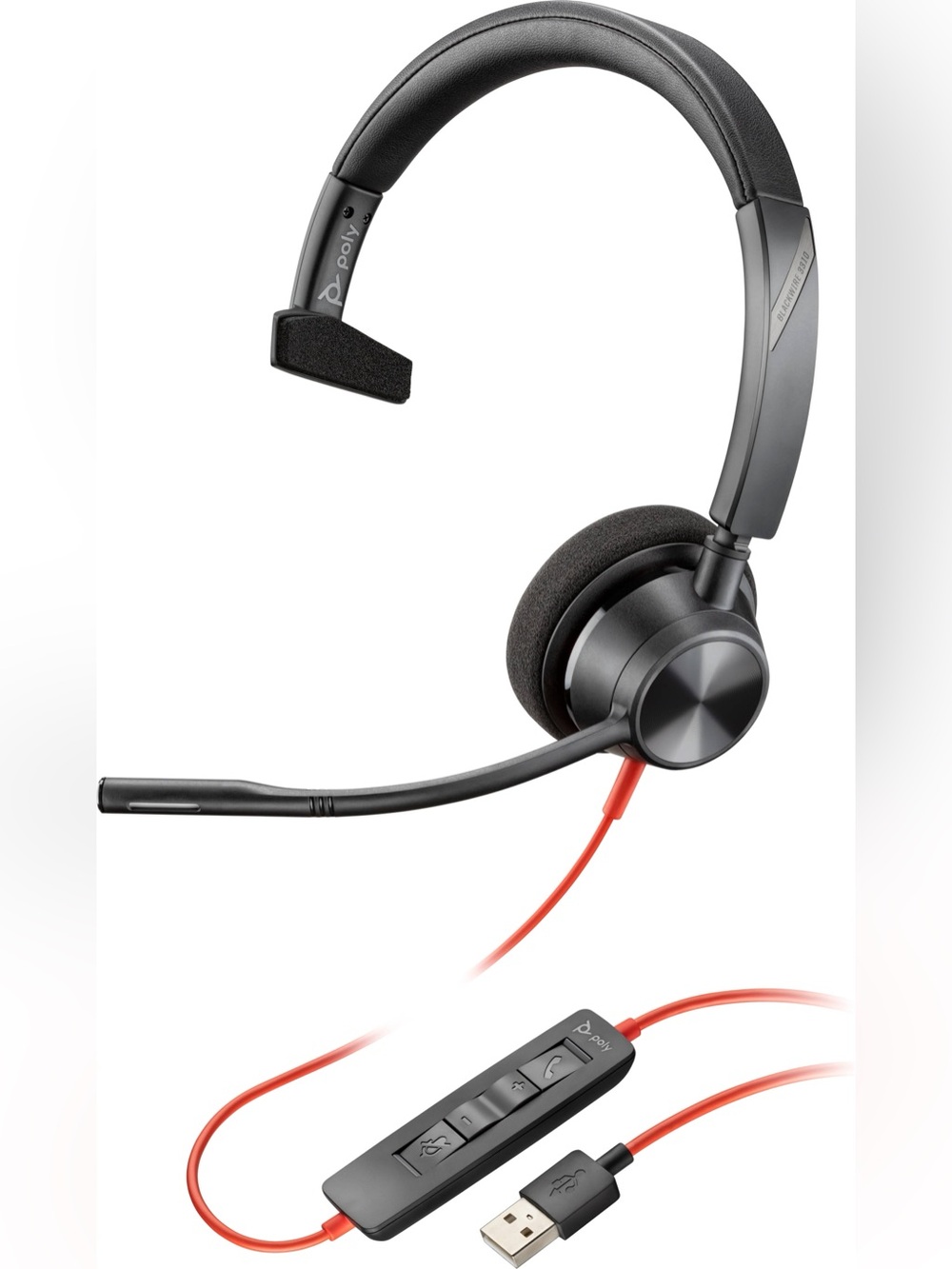 Poly Blackwire 3310 Mono-M USB Wired Headset in Black with Red Cable